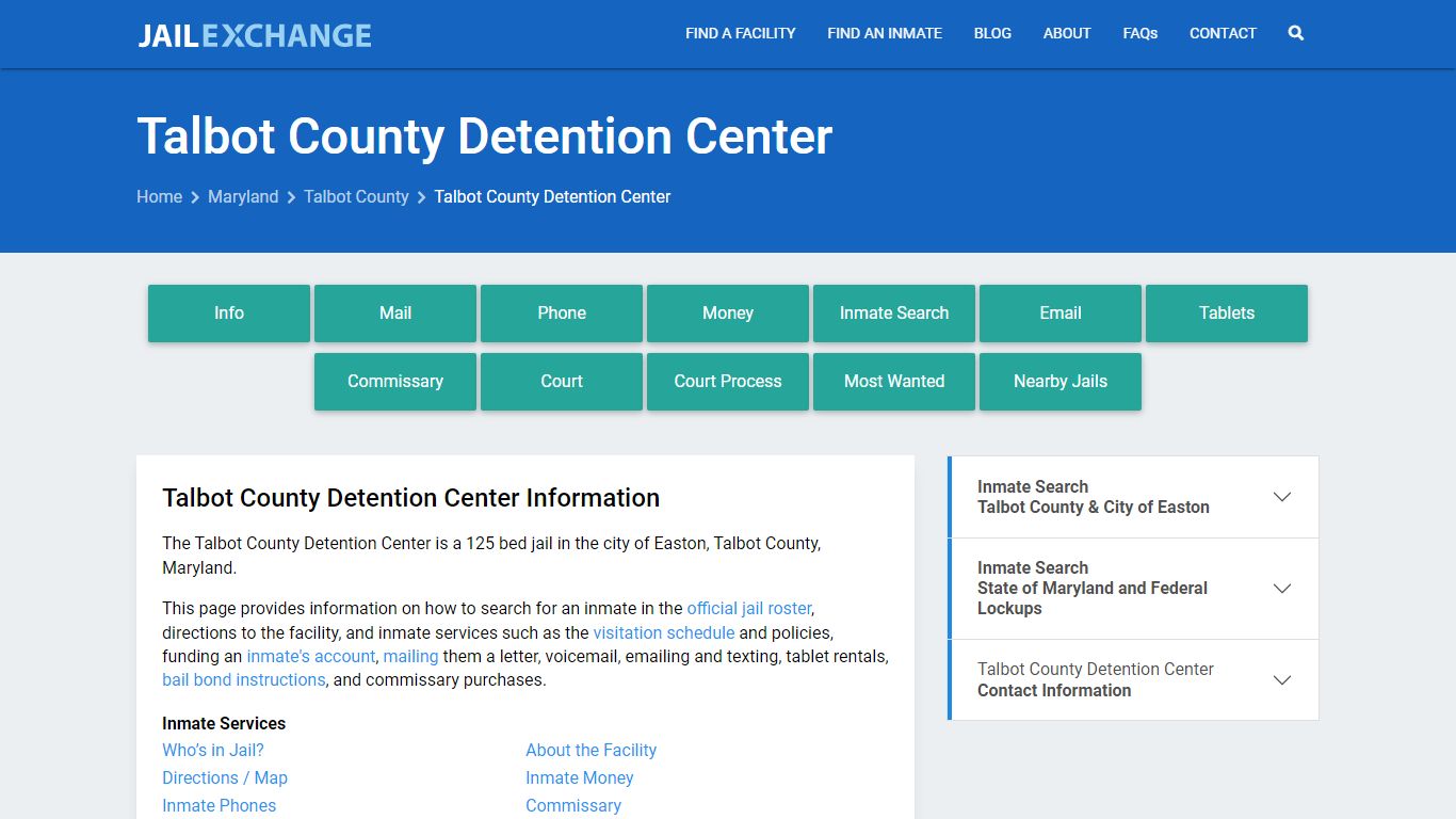 Talbot County Detention Center, MD Inmate Search, Information